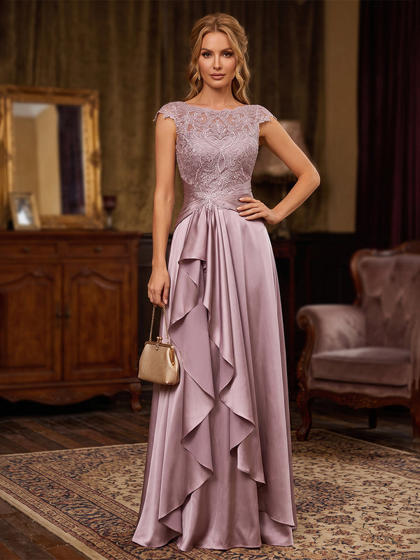 Satin Mermaid Scoop Neck Lace Appliques Tiered Mother of the Bride Dresses
