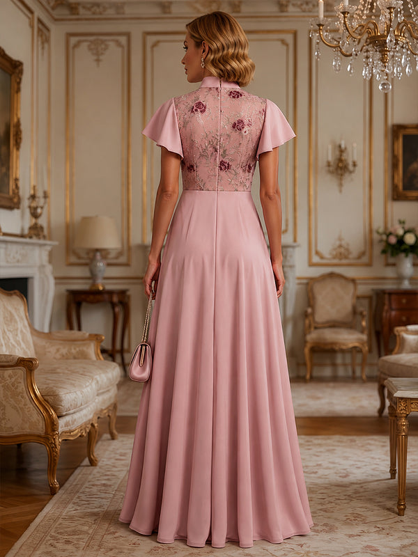 Satin A Line V Neck Floral Embroidery Pleats Mother of the Bride Dresses