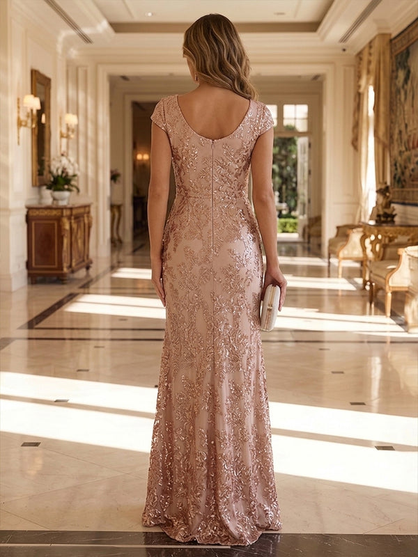 Sequin Floral Mermaid Scoop Neck Lace Appliques Ruched Side Slit Mother of the Bride Dresses