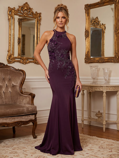 Satin Mermaid Halter Lace Appliques Ruched 3D Flowers Mother of the Bride Dresses