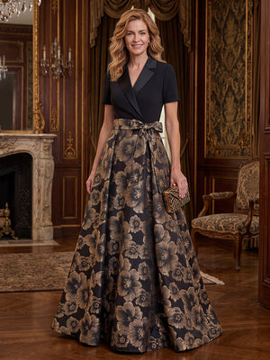 Jacquard A Line V Neck Bow Ruched Satin Mother of the Bride Dresses