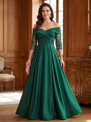 Satin A Line Off the Shoulder Lace Appliques Pleats  Mother of the Bride Dresses