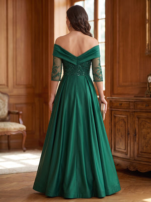 Satin A Line Off the Shoulder Lace Appliques Pleats  Mother of the Bride Dresses