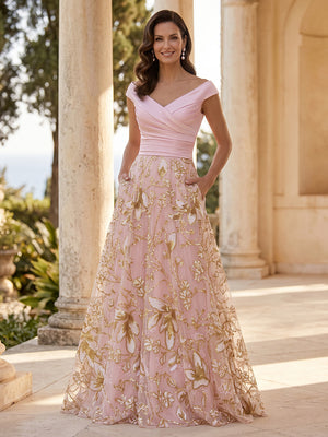 Sequin Floral A Line V Neck Lace Appliques Ruched  Mother of the Bride Dresses for Women