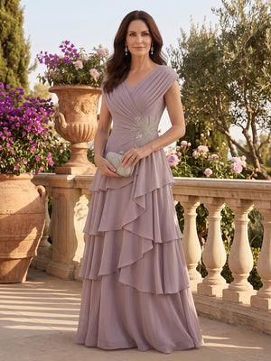 Chiffon A Line V Neck Lace Appliques Tiered Sequin Mother of the Bride Dresses