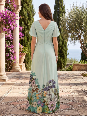 Chiffon Mermaid V Neck Floral Print Ruched Mother of the Bride Dresses