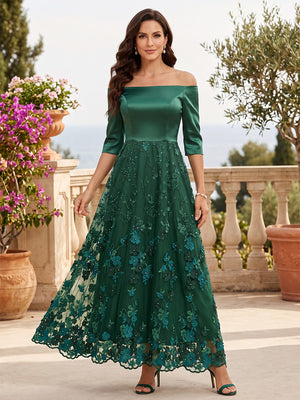 Lace Appliques A Line Off the Shoulder Sequin Ruched Satin Mother of the Bride Dresses
