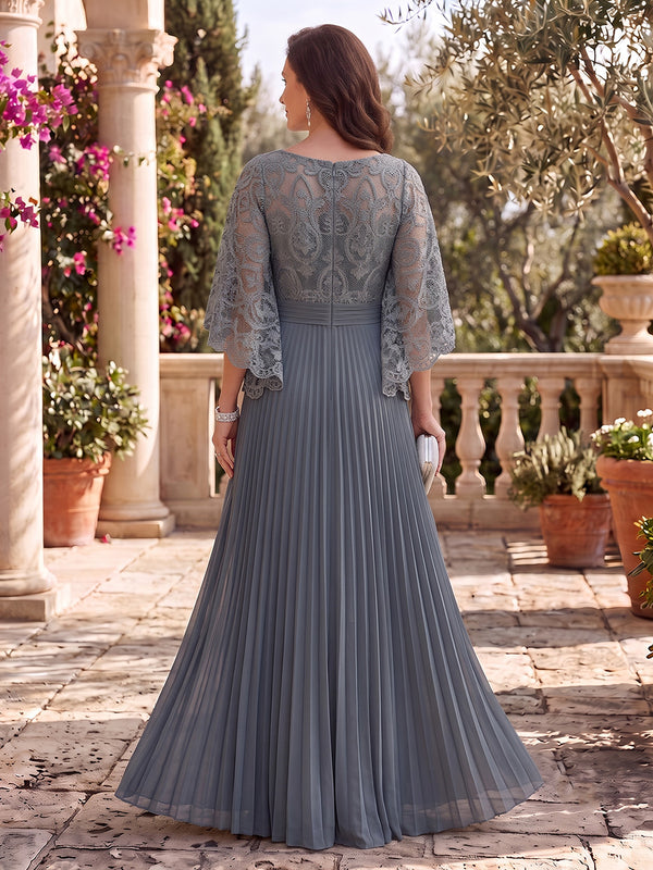 Chiffon A Line Scoop Neck Lace Appliques Pleats Mother of the Bride Dresses