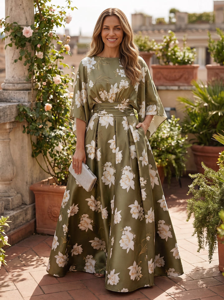 Satin A Line Scoop Neck Floral Print Pleats Mother of the Bride Dresses