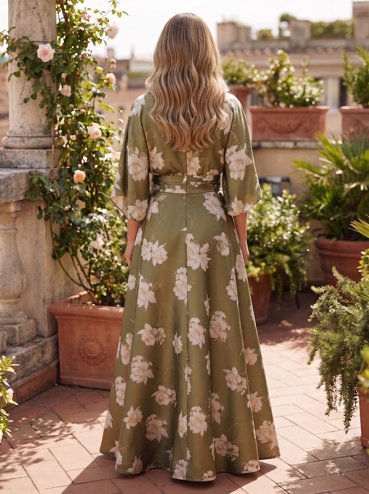 Satin A Line Scoop Neck Floral Print Pleats Mother of the Bride Dresses