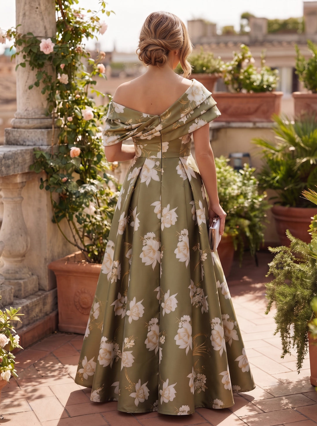 Satin A Line Off the Shoulder Floral Print Drop Waist Mother of the Bride Dresses