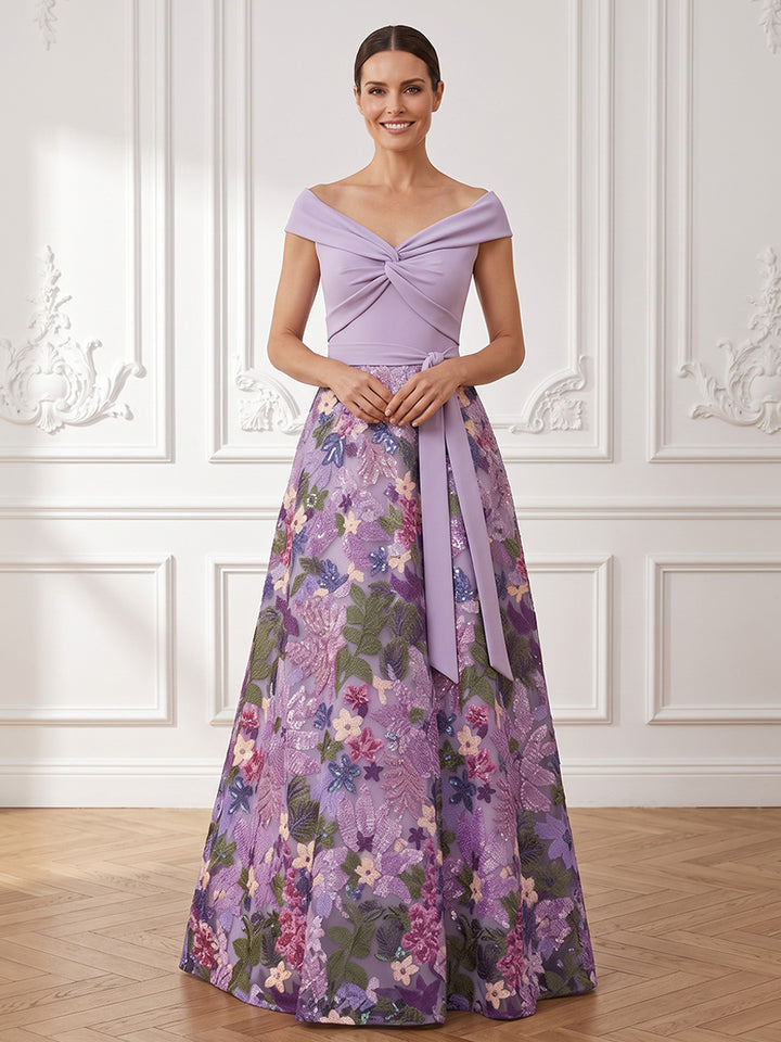 Satin A Line Off the Shoulder Embroidery Floral Mother of the Bride Dresses