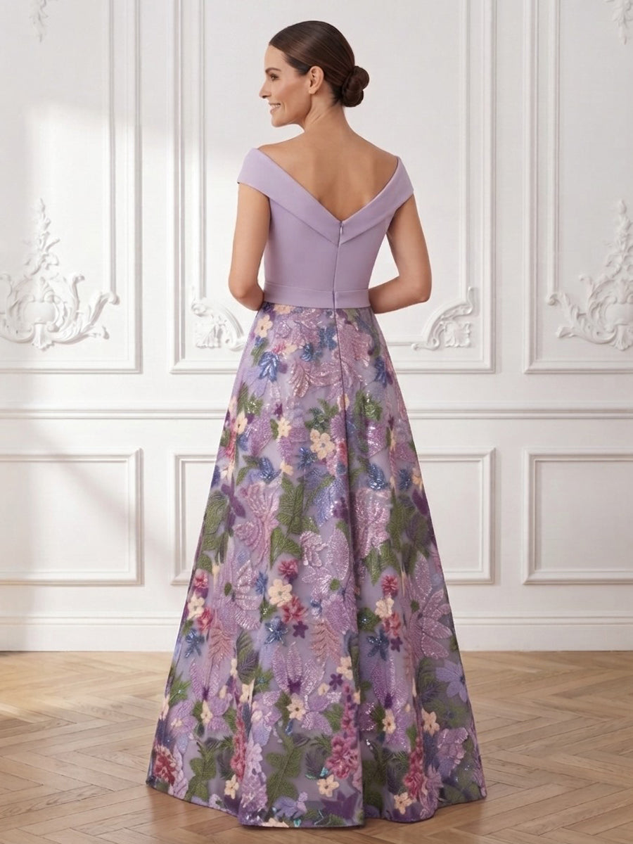 Satin A Line Off the Shoulder Embroidery Floral Mother of the Bride Dresses