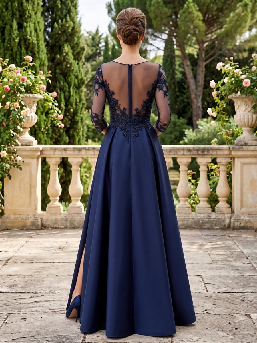 Satin A Line Jewel Neck Front Slit Structured Waist Mother of the Bride Dresses