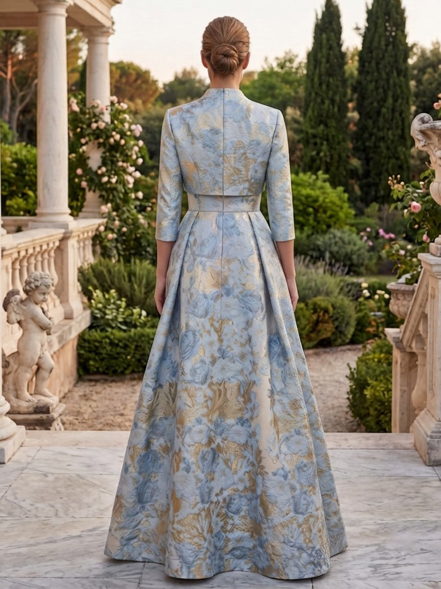 Satin Jacquard A Line Stand Collar High Waist 2 Pieces Mother of the Bride Dresses