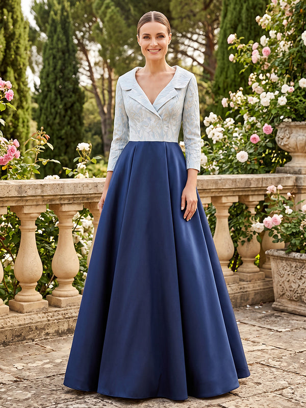 Satin Jacquard A Line V Neck Bicolor  Mother of the Bride Dresses