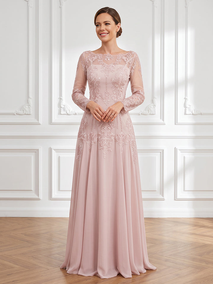 Chiffon A Line Jewel Neck Floral Embroidery  Mother of the Bride Dresses