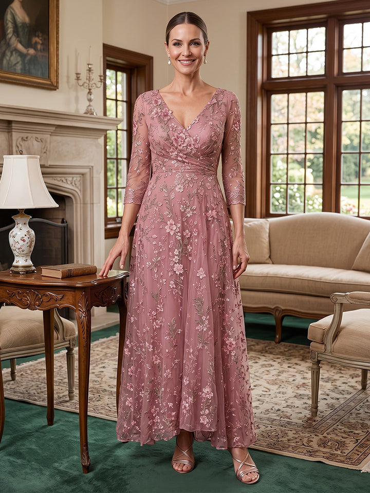 Tulle A Line V Neck Floral Embroidery Applique  Mother of the Bride Dresses