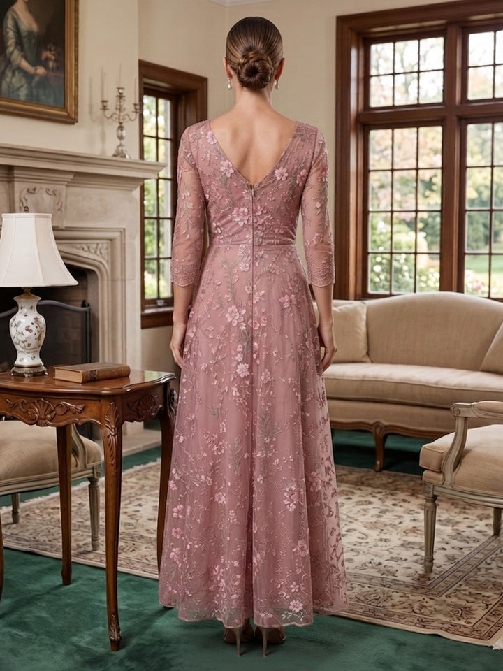Tulle A Line V Neck Floral Embroidery Applique  Mother of the Bride Dresses