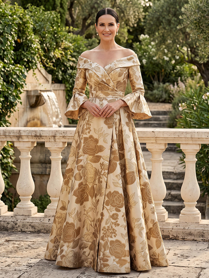 Satin Jacquard A Line Off the Shoulder Jacquard  Mother of the Bride Dresses