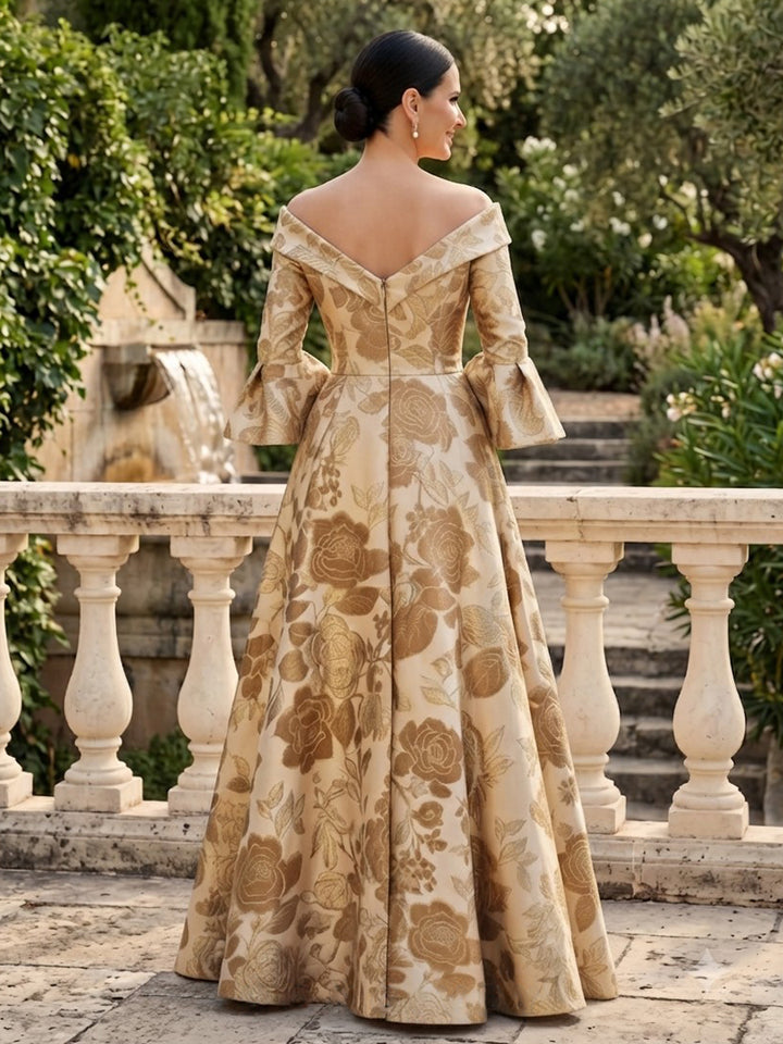 Satin Jacquard A Line Off the Shoulder Jacquard  Mother of the Bride Dresses