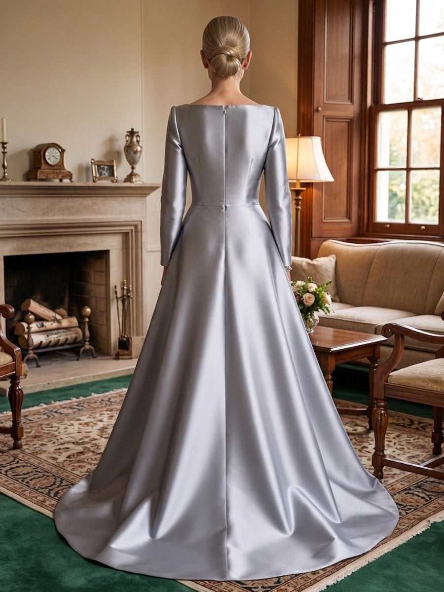 Satin A Line Jewel Neck Side Slit  Mother of the Bride Dresses