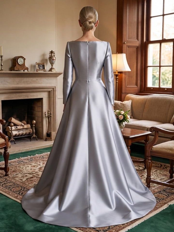 Satin A Line Jewel Neck Side Slit  Mother of the Bride Dresses