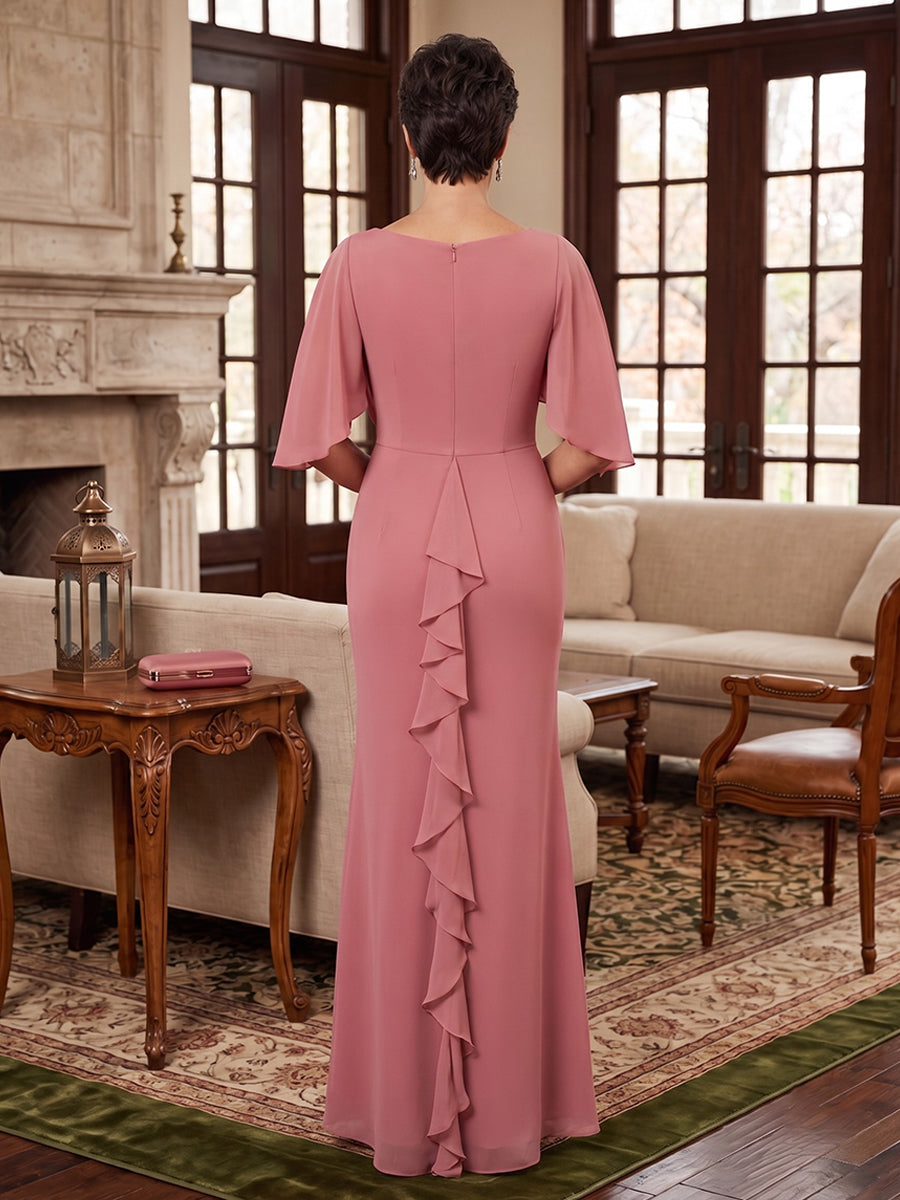 Chiffon A Line Jewel Neck Ruffles Sleeves  Mother of the Bride Dresses