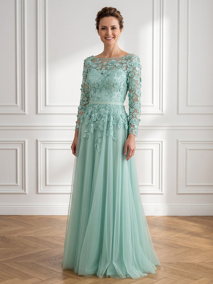 Tulle A Line Jewel Neck Lace Appliques Structured Waist Mother of the Bride Dresses