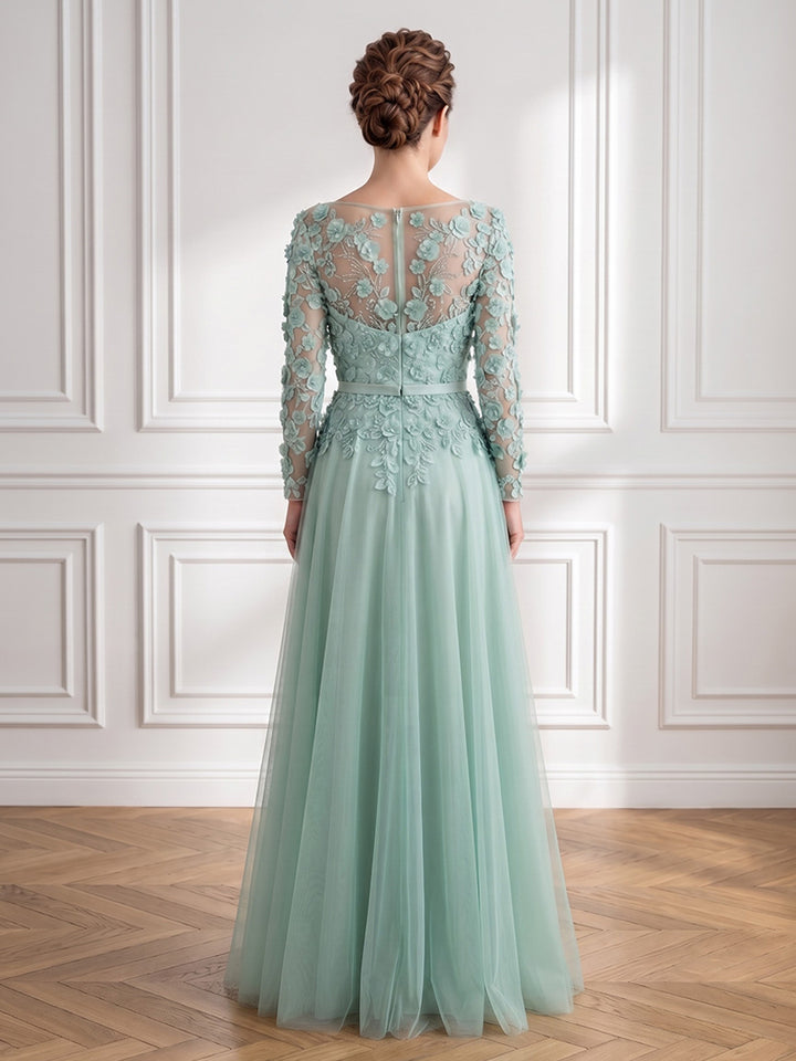 Tulle A Line Jewel Neck Lace Appliques Structured Waist Mother of the Bride Dresses