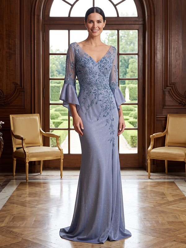 Satin Mermaid V Neck Ruffles Sleeves  Mother of the Bride Dresses