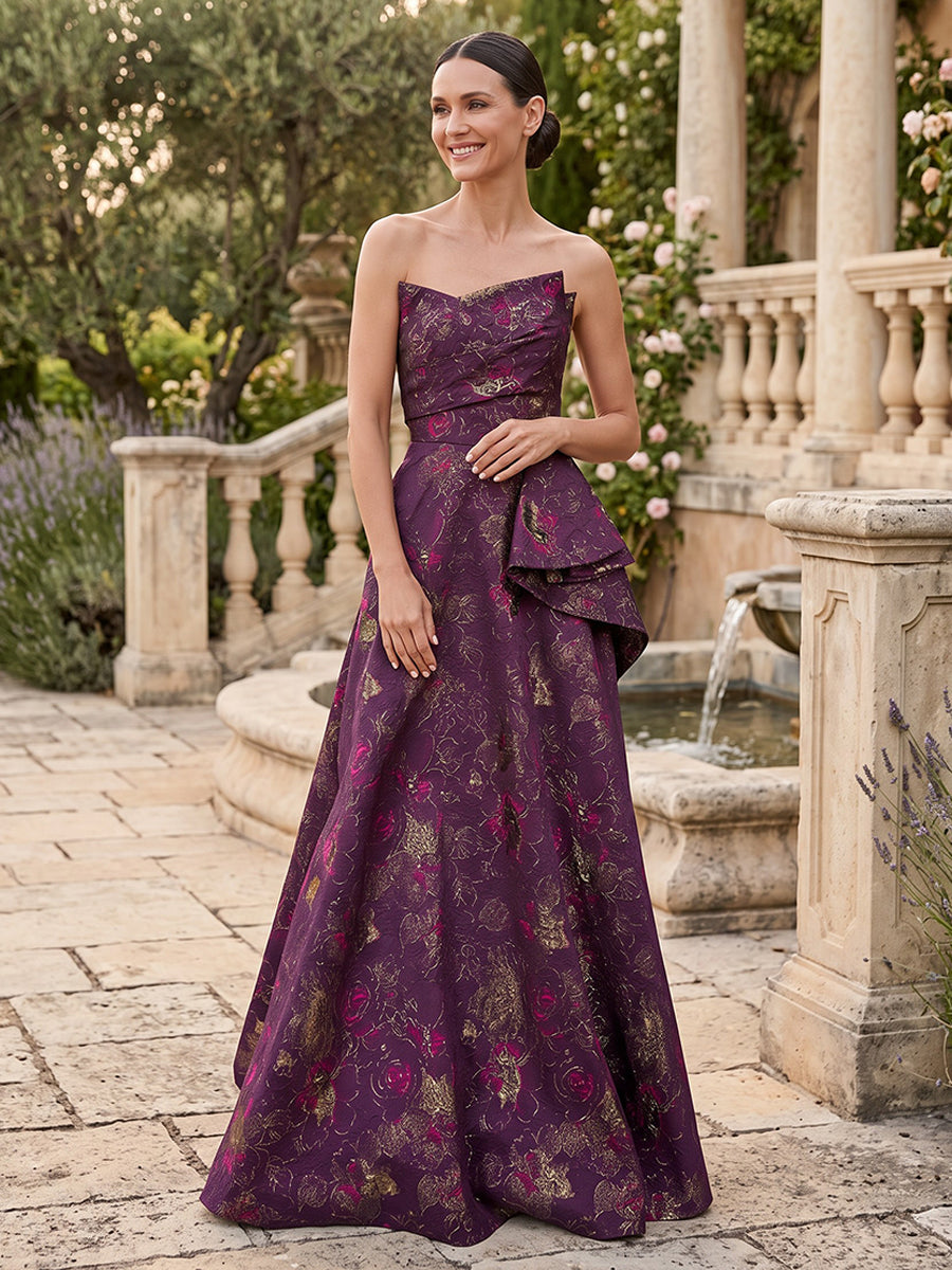 Satin Jacquard A Line Strapless Jacquard Ruffles Mother of the Bride Dresses