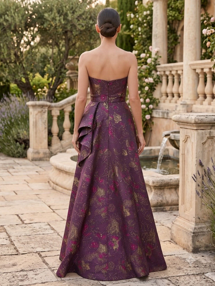 Satin Jacquard A Line Strapless Jacquard Ruffles Mother of the Bride Dresses