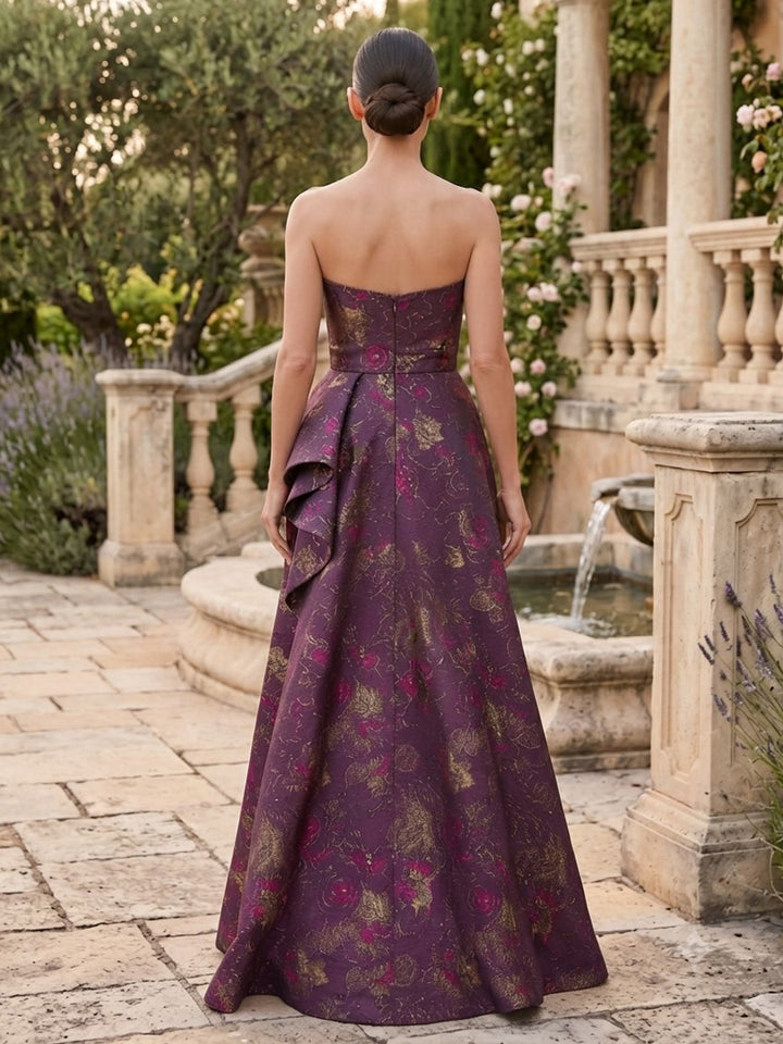 Satin Jacquard A Line Strapless Jacquard Ruffles Mother of the Bride Dresses