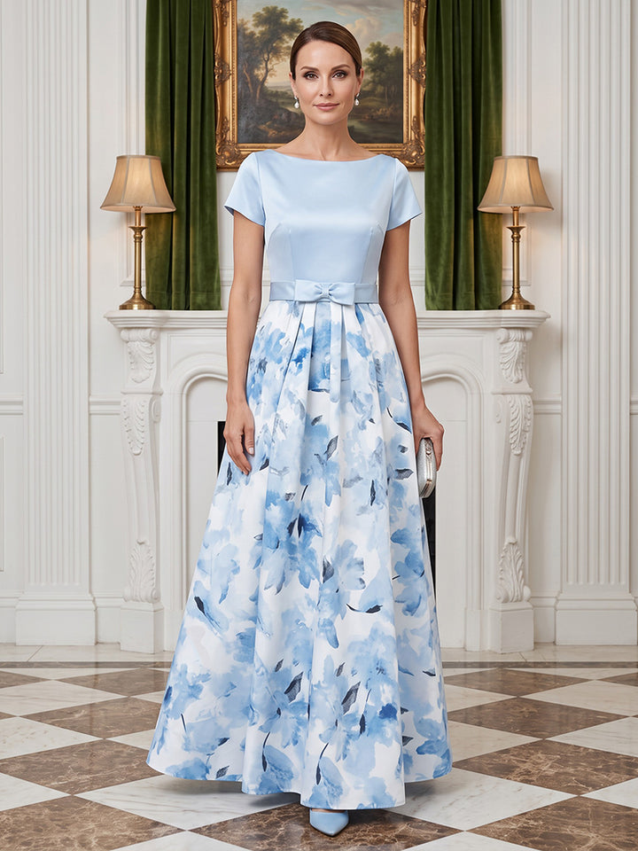 Satin A Line Jewel Neck Floral Print Bow Waist Accent Mother of the Bride Dresses