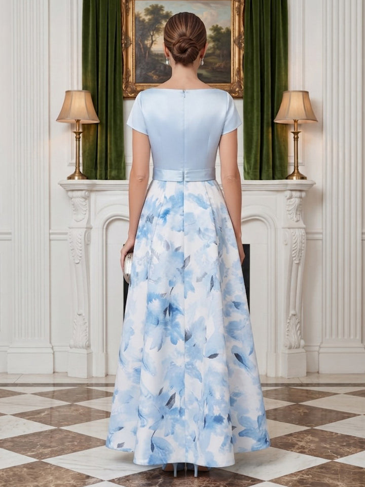 Satin A Line Jewel Neck Floral Print Bow Waist Accent Mother of the Bride Dresses