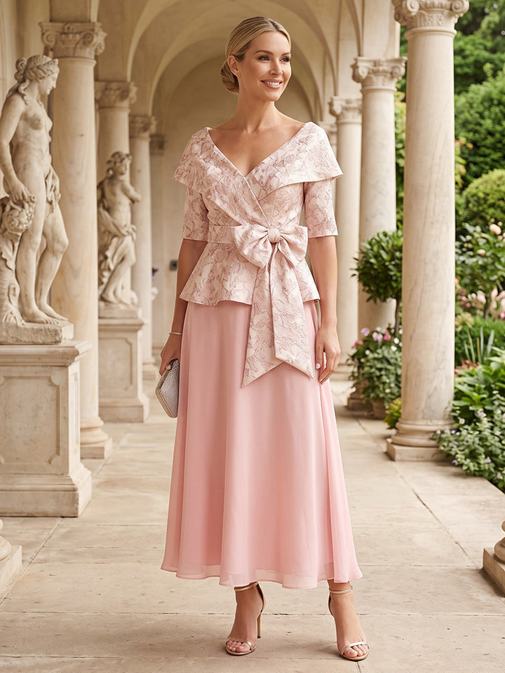 Jacquard A Line V Neck Jacquard Bow Waist Accent Mother of the Bride Dresses