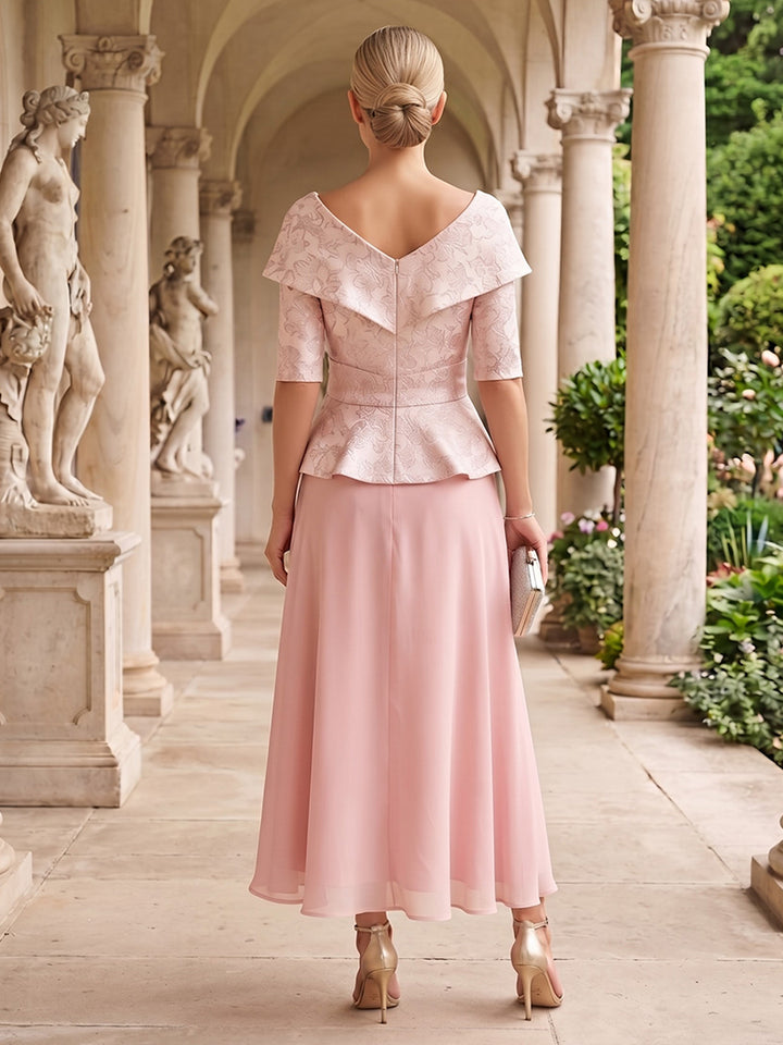 Jacquard A Line V Neck Jacquard Bow Waist Accent Mother of the Bride Dresses