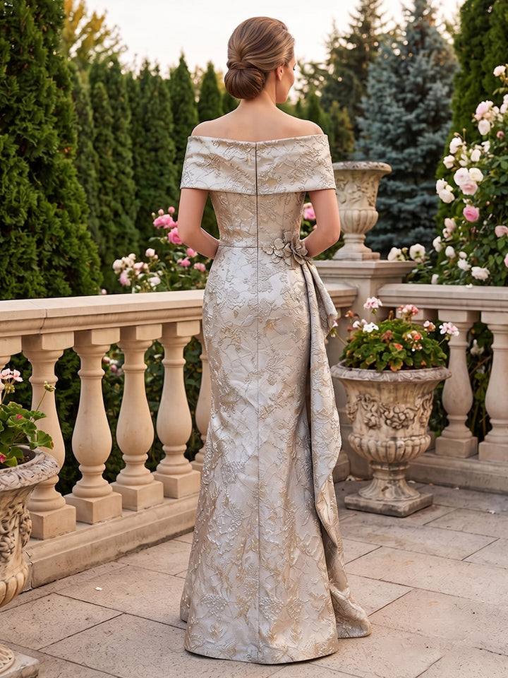 Satin Jacquard Mermaid Off the Shoulder Jacquard Ruffles Mother of the Bride Dresses