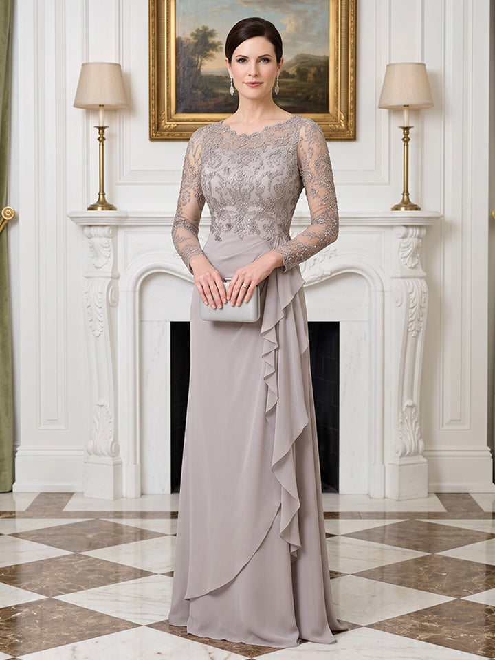 Chiffon A Line Jewel Neck Lace Ruffle Hem Mother of the Bride Dresses