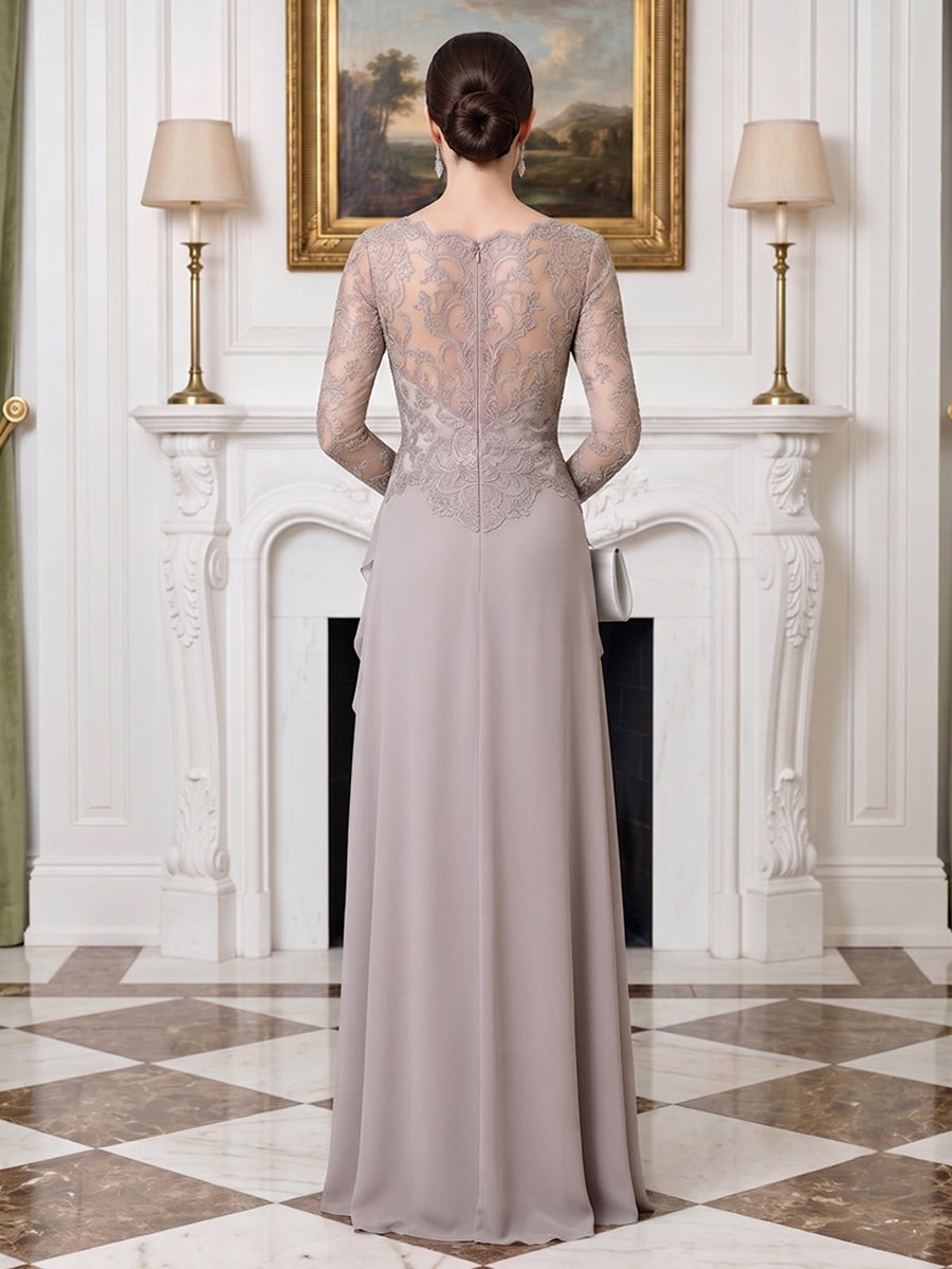 Chiffon A Line Jewel Neck Lace Ruffle Hem Mother of the Bride Dresses