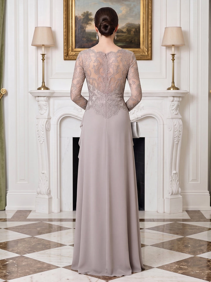 Chiffon A Line Jewel Neck Lace Ruffle Hem Mother of the Bride Dresses