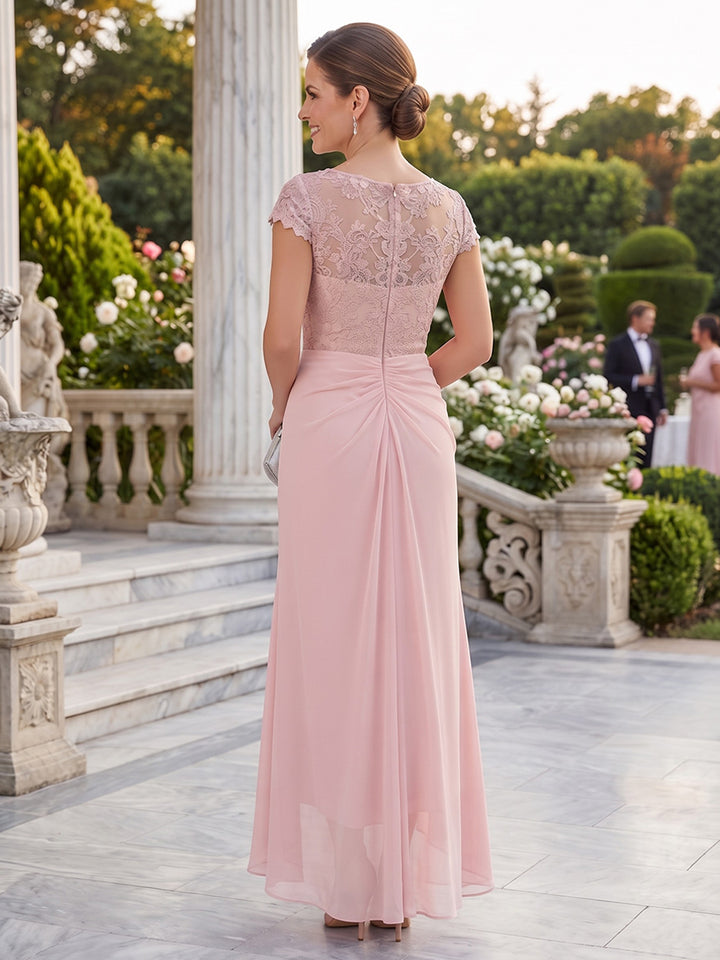 Chiffon A Line Jewel Neck Lace Tiered Mother of the Bride Dresses