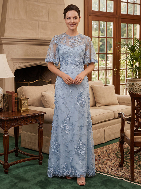 Tulle A Line Round Neck Floral Embroidery  Mother of the Bride Dresses
