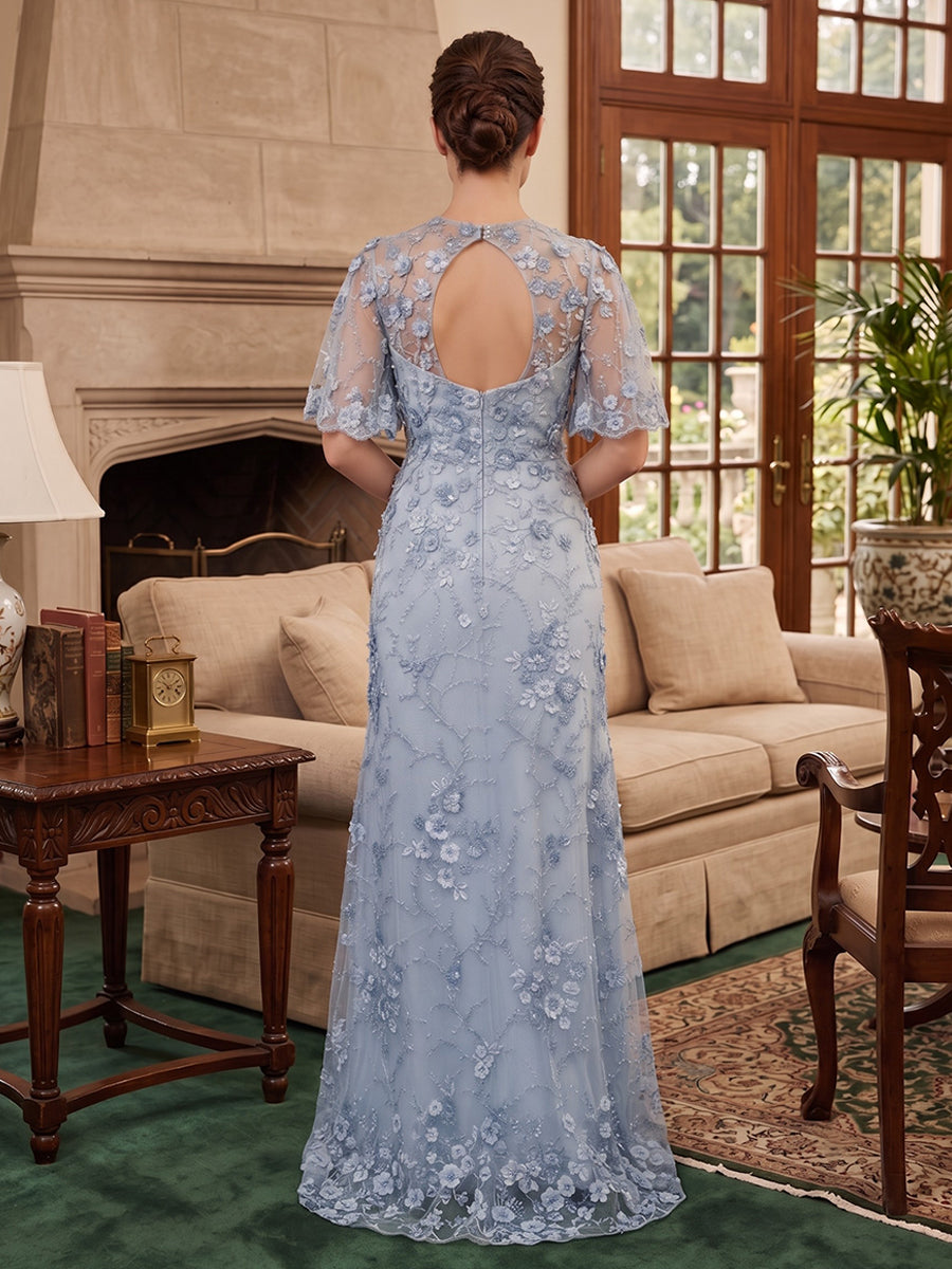 Tulle A Line Round Neck Floral Embroidery  Mother of the Bride Dresses