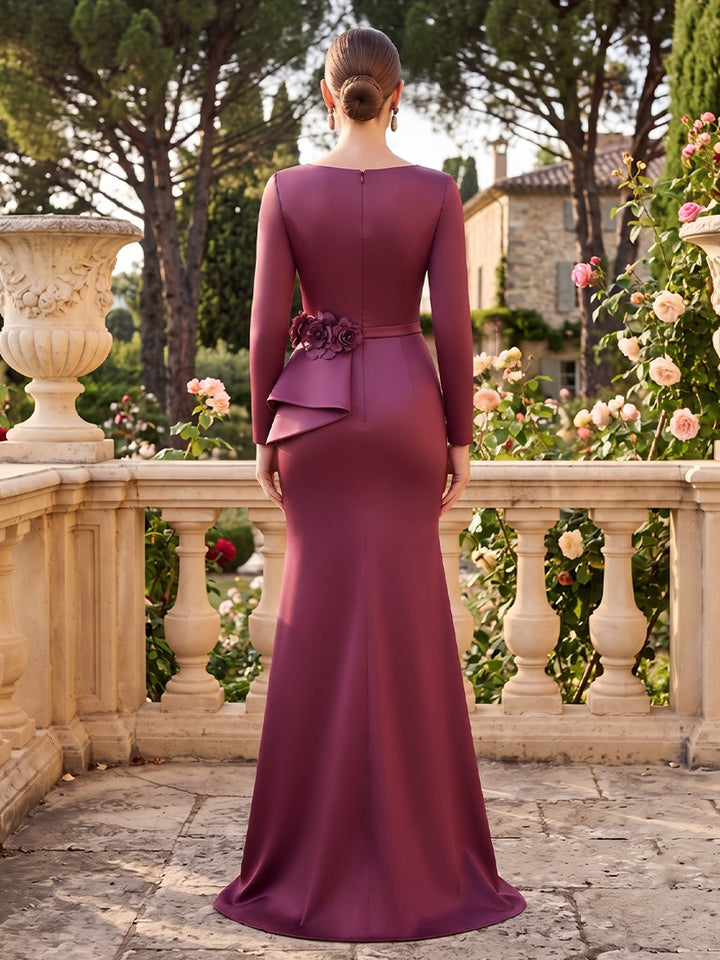 Satin Mermaid V Neck Ruffles Structured Waist Mother of the Bride Dresses