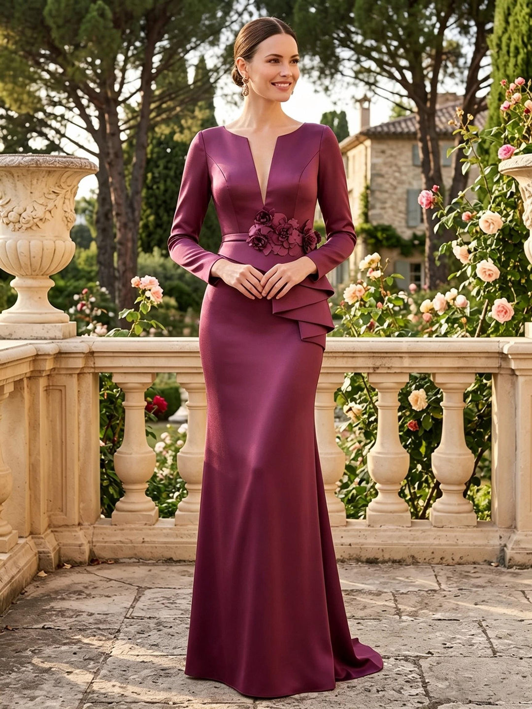 Satin Mermaid V Neck Ruffles Structured Waist Mother of the Bride Dresses