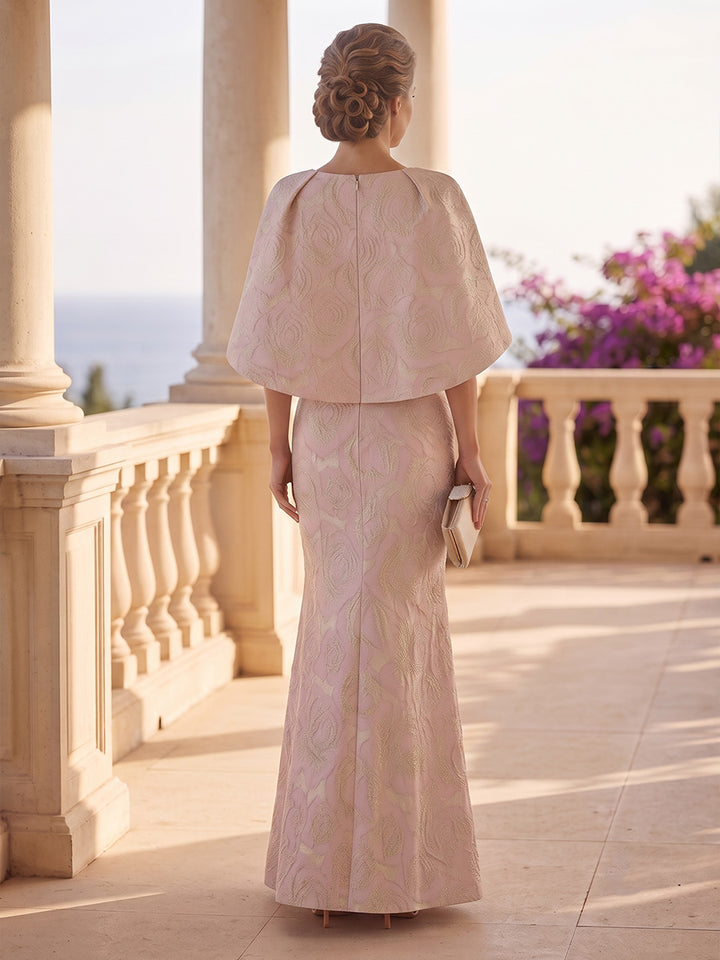 Jacquard Mermaid Jewel Neck Cape Sleeves High Waist Mother of the Bride Dresses