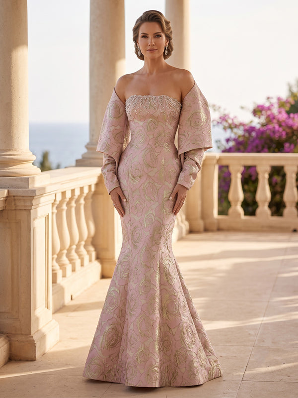 Jacquard Mermaid Strapless Detachable Sleeves Backless Mother of the Bride Dresses