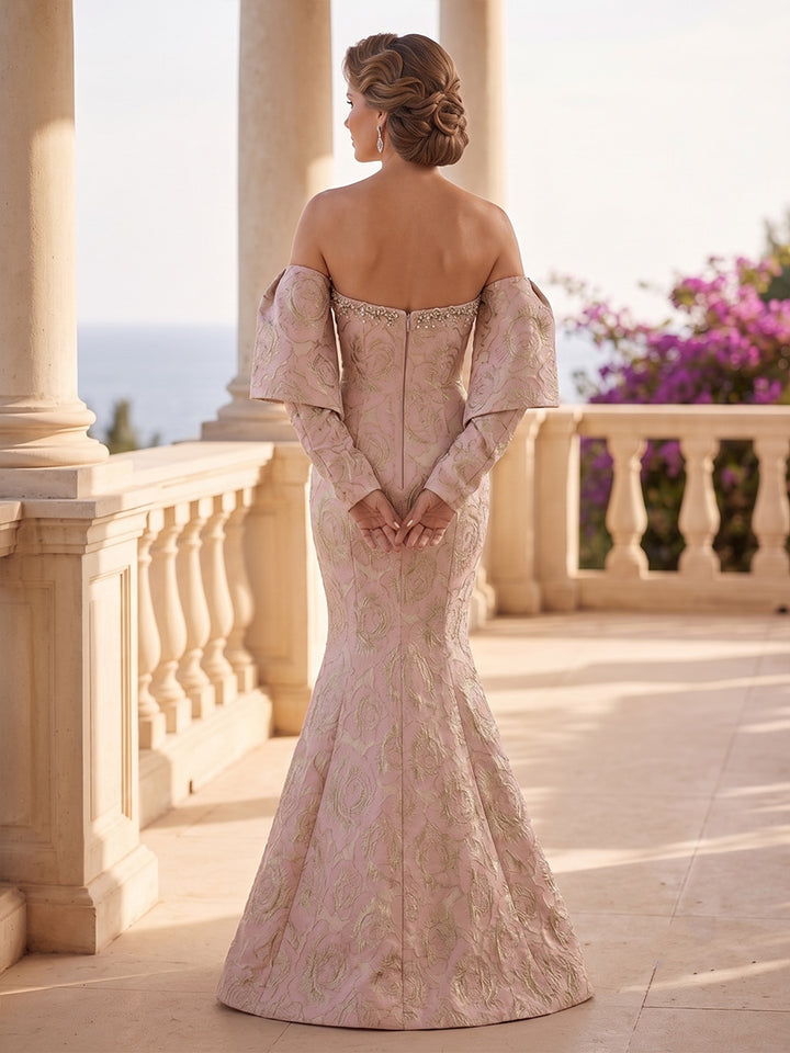 Jacquard Mermaid Strapless Detachable Sleeves Backless Mother of the Bride Dresses